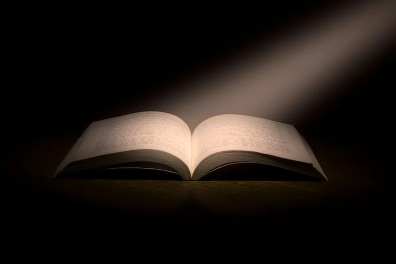 An open book illuminated by a beam of light in darkness — wisdom, knowledge, and revelation